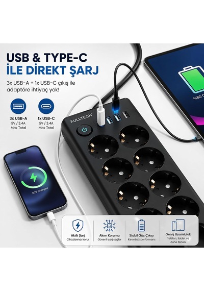 Çoklu Priz 10'lu Grup Priz Usb'li 3x Usb-a, 1x Usb-c , 3680w 16a, 2 Metre Kablo, Topraklı Uzatma Kablosu, Ev Ofis Gam 0