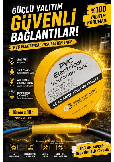 Sarı Profesyonel Pvc Elektrik Bandı 18mm X 10m Güçlü Yapışkanlı, 600v Dayanımlı, Esnek İzolasyon B
