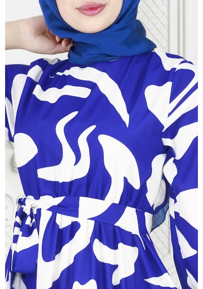 Sevitli Geometrik Desenli Elbise-saks Mavi-3894-saks Mavi Saks Mavisi