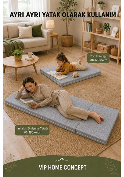 2'li Katlanabilir Çocuk Oyun Minderi Ve Yer Yatağı Seti 70x180 + 70x120 CM 6 CM - Gri