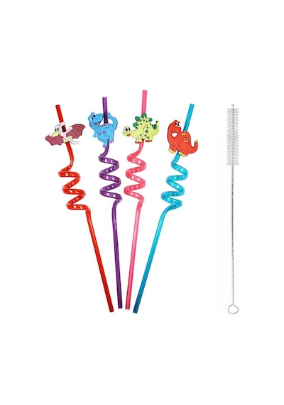 5 Parça Renkli Pipet Seti - Emojili Spiral Kokteyl- Çocuk Pipeti Temizleme Fırçalı