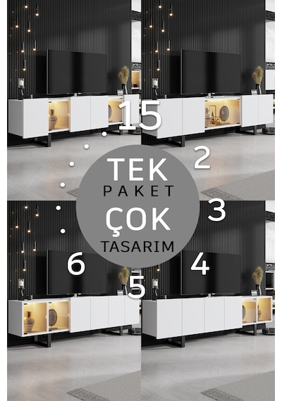 Zenit Siyah Demir Ayaklı Rgb Led Işık Sistemli Beyaz Tv Ünitesi Tv Sehpası Beyaz - Siyah