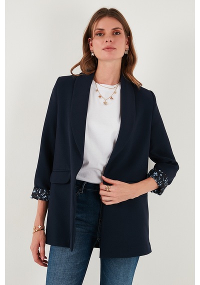 Lela Regular Fit Klasik Yaka Desenli Astar Detaylı Blazer Bayan Ceket 6839227 Lacivert