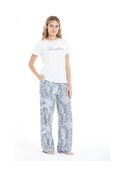 Lılac Kadın Çiçek Desenli %100 Viscon Pijama Takımı Beyaz-gri Beyaz-gri