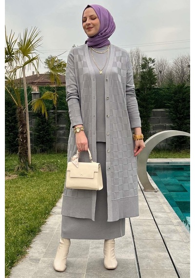 Rabia Şamlı Dama Desenli Gri Triko Hırka Normal