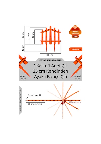 Dekoratif Plastik Bahçe Çiti Ve Peyzaj Çiti 1 Adet Çit Y: 25 Cm / G: 25 Cm Toprak Ayaklı - Turuncu
