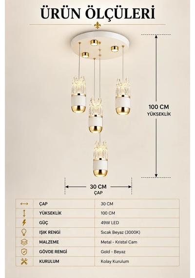 Modern Premium Gold 4'lü Sarkıt Avize Beyaz Gold Lüks Tasarım Avize 49w Led 3000k