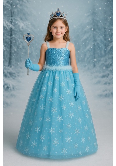 Parti Selesi Kız Çocuk Askılı Tarlatanlı Taç Asa Eldiven Hediyeli Mavi Elsa Elbise Frozen Mavi