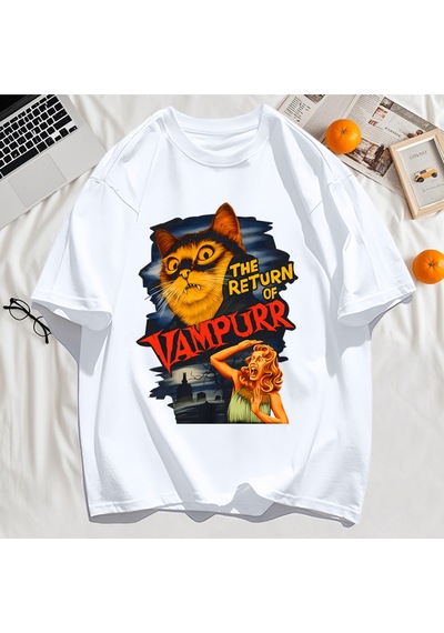 Startmore Y2k Vintage Tişört Tee Büyük Bir Kedi Ve Dişleri Baskıla Beyaz