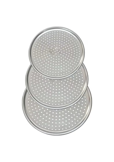 Paslanmaz Çelik Delikli Pizza Fırın Tepsisi Lahmacun Fırın Tepsisi 3'lü Set 28 32 36 Cm Gri