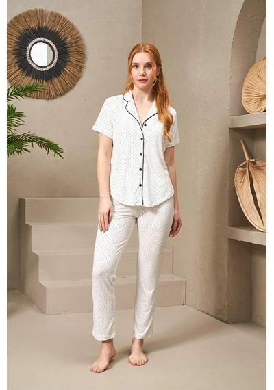 Pjs 25118 Kadın Puanlı Düğmeli Kısa Kollu Pijama Takım 001