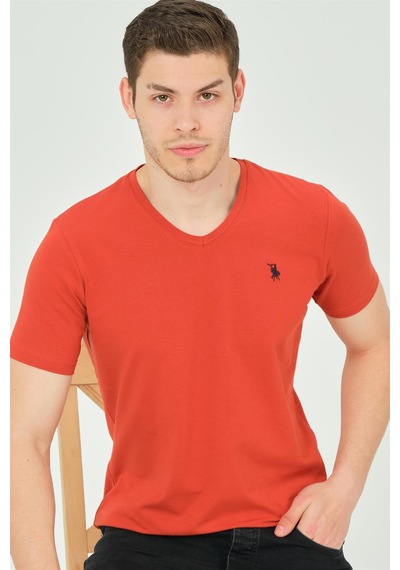 T8568 Dewberry V Yaka Erkek T-shırt-koyu Kiremit