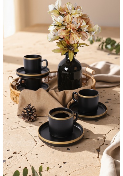 Keramika Mat Siyah Gold Fileli Stackable Çay Takımı 8 Parça 4 Kişilik Siyah - Gold