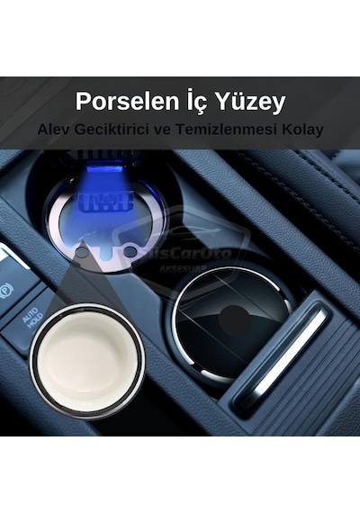 Üniversal Porselen Yanmaz Koku Geçirmez Işıklı Lüx Oto Küllük Dumansız Kapaklı Spor Araç İçi Küllük Araba Küllüğü Gümüş 00 Şüscaroto Aksesuar