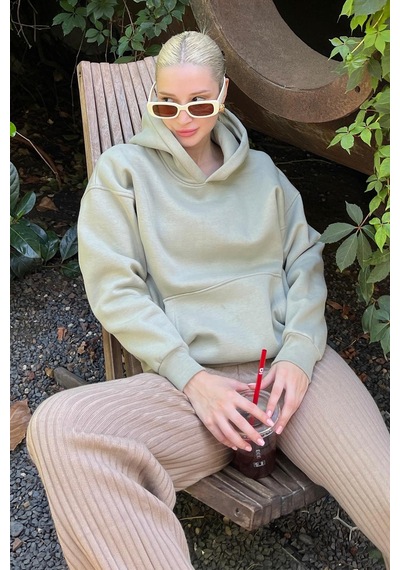 Çağla Yeşili Kapüşonlu Şardonlu Oversize Cepli Sweatshirt Mg2206 Yeşil