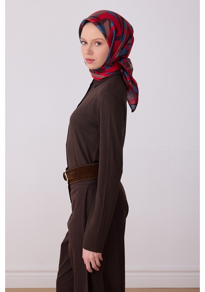Belli Geometrik Desen İpek Twill Eşarp - 2026 İlkbahar-yaz T 4327 Kırmızı