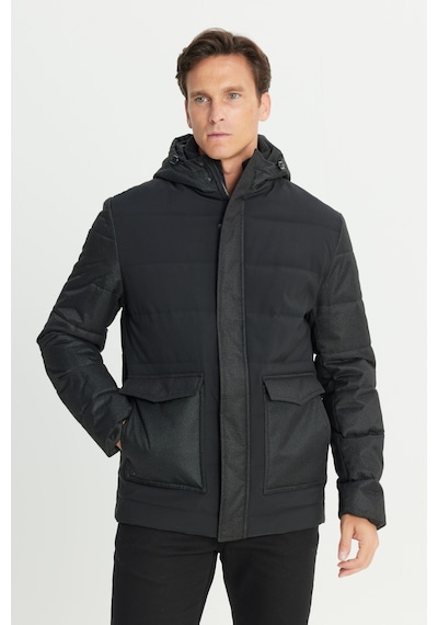 AC&Co / Altınyıldız Classics Erkek Sıyah Standart Fit Normal Kesim Kapüşonlu Çıtçıtlı Torba Cepli Kaban Siyah