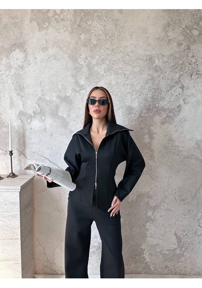 Hopıan Kadın Siyah Yarım Fermuarlı Dik Yaka Crop Sweatshirt Siyah - Siyah