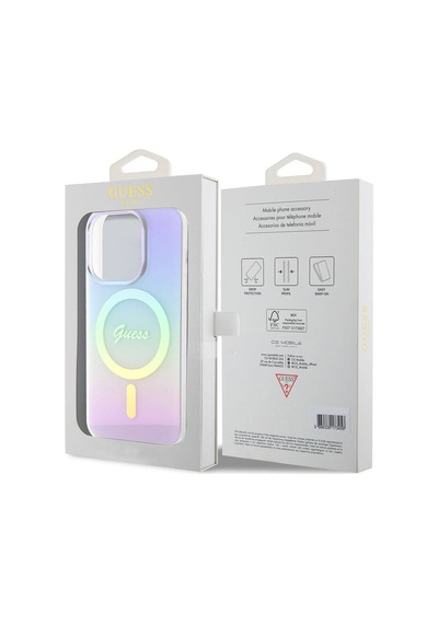 Apple Uyumlu iPhone 15 Pro Kılıf Guess Lisanslı Magsafe Şarj Özellikli Yazı Logo Iridescent Siyah