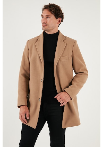 Buratti Slim Fit Tek Yırtmaçlı Düğmeli Mono Yaka Kaşe Erkek Kaban 5840098 Camel