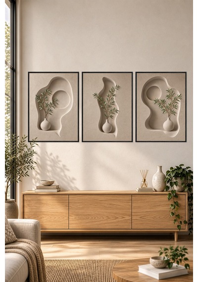 Ahşap Çerçeveli 3'lü Mdf Tablo Seti Uv Baskı Bej Organik Form Japandi Salon Duvar Dekoru Renk: Siyah Ölçü: 25 X 35