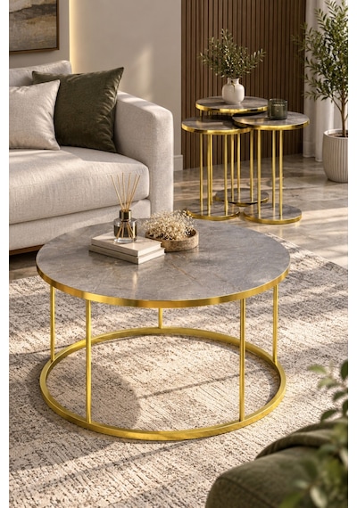 Sulorahome Sehpa Ve Zigon Sehpa Seti - Gri Ve Gold Antrasit - Gri - Altın