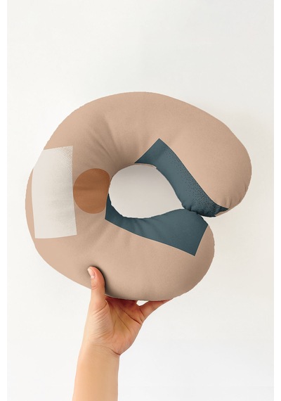 Soyut Geometrik Desenli Ergonomik Boyun Yastığı - Modern Minimal Bej Lacivert Seyahat Yastığı Sedefli Gece Mercan
