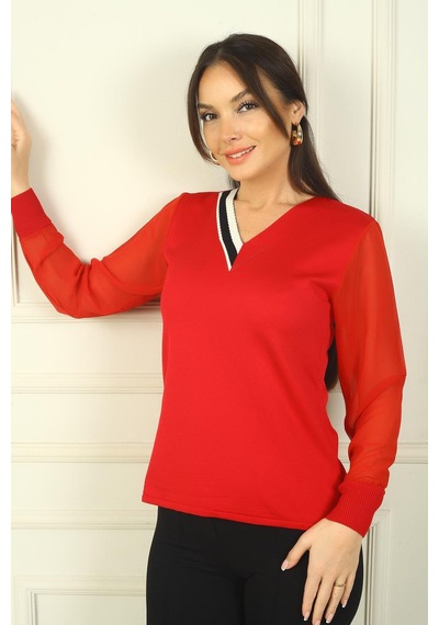 By Saygı Kadın V Yaka Yarısı Şeritli Kolları Şifon Kazak-39617 Kırmızı