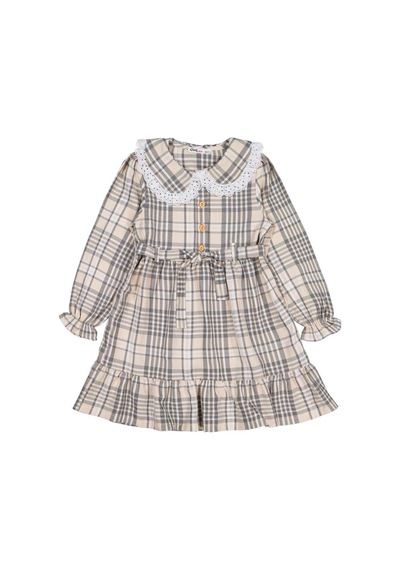 Civil Girls Ekose Desenli 6-9 Yaş Elbise Bej