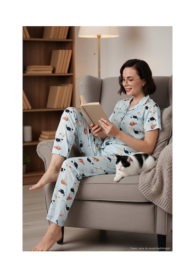 Lela Desenli Kısa Kollu Beli Lastikli Gömlek Yaka Dokuma Regular Fit Bayan Pijama Takımı 6571010 Mint