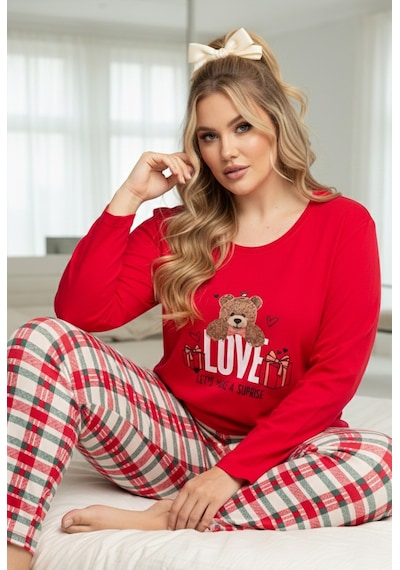 Siyah İnci Curve Büyük Beden Battal Boy Pamuklu Pijama Takım25240760 Kırmızı