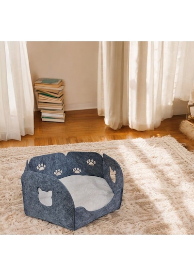 Kedi Yatağı Yuvası Evi Minderli Taşınabilir 3 Mm Keçe Altıgen Tasarım Yuva+minder Gri