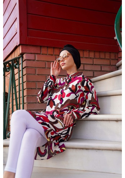 Polologin Butik Fuşya Renkli Soyut Desenli Uzun Tunik Pembe