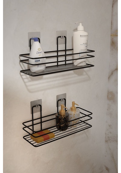 2'li Set, Pratik Ve Şık Yapışkanlı Banyo Şampuanlık Ile Banyonuzda Yer Açın Siyah Diğer