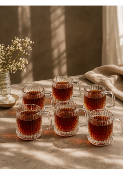 6 Lı Cam Kulplu Çizgili Çay Bardağı Bardak Kupa 150ml Şeffaf