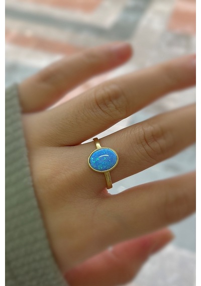 Gümüş Mavi Opal Taşlı Altın Kaplama Yüzük Sarı