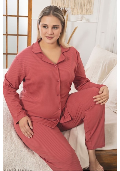 Büyük Beden Boydan Düğmeli Kaşkorse Kumaş Pijama Takımı Nar Çiçeği