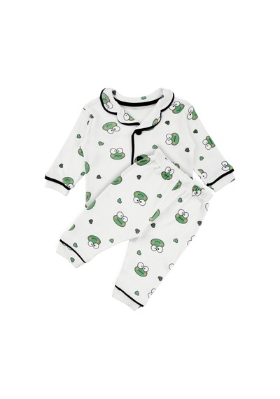 Bebegen Unisex Ekru Yeşil Kurbağa Desenli Kruvaze Yaka Pijama Takımı Çok Renkli