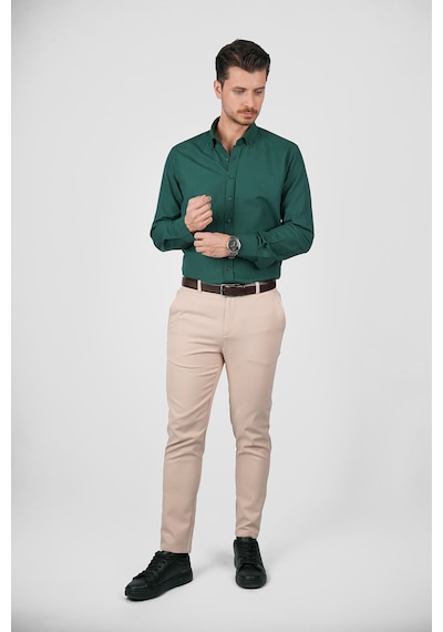 Koyu Yeşil Yaka Düğmeli Premium Şamre Slimfit Erkek Gömlek Koyu Yeşil