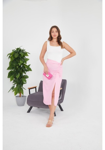 Lilys Derin Yırtmaçlı Çok Zarif Pembe Keten Etek Pembe