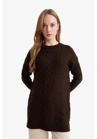 Defacto Relax Fit Bisiklet Yaka Triko Kazak Tunik F4530ax25wnbn341 Kahve-bn341