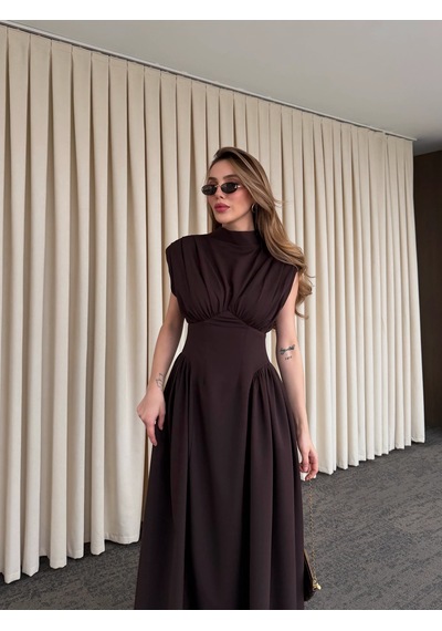 Laluvia Kahverengi Vatkalı Elbise - 25193 Kahverengi