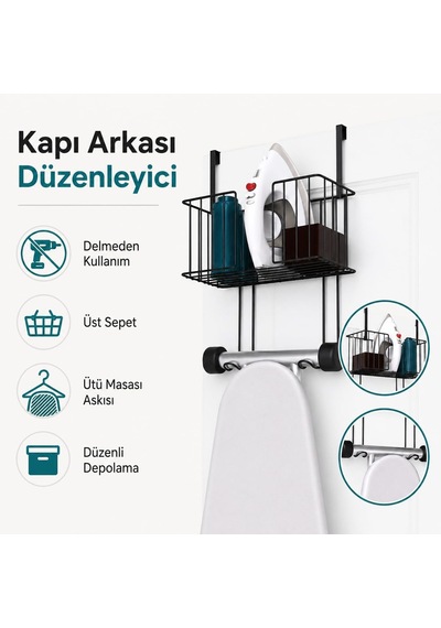 Alper Banyo Kapı Arkası Ütü Masası Askılığı Siyah, Sepetli Kapı Arkası Düzenleyici, Delmeden Kullanımlı Ü