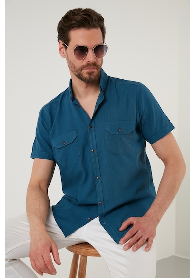 Buratti Düğmeli Yaka Pamuklu Slim Fit Cepli Erkek Gömlek Cf21S111153 Indigo