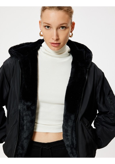 Koton Oversize Bomber Şişme Mont Kapüşonlu İçi Kürklü Fermuarlı Siyah 5wak20111ew Siyah