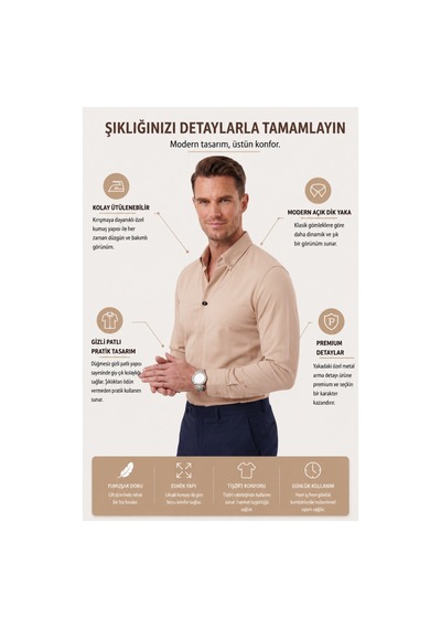 Deepsea Bej Slim Fit Kolay Ütülenebilir Açık Dik Yaka Likralı Erkek Gömlek 2602615