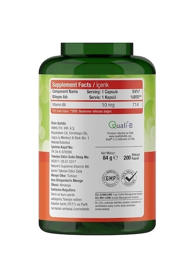 Natures Supreme Vitamin B6 10 Mg 200 Kapsül Aromasiz