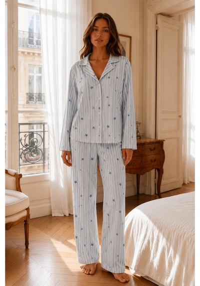 Womanandkids Mavi Kadın Relax Fit Düğme Pijama Takımı