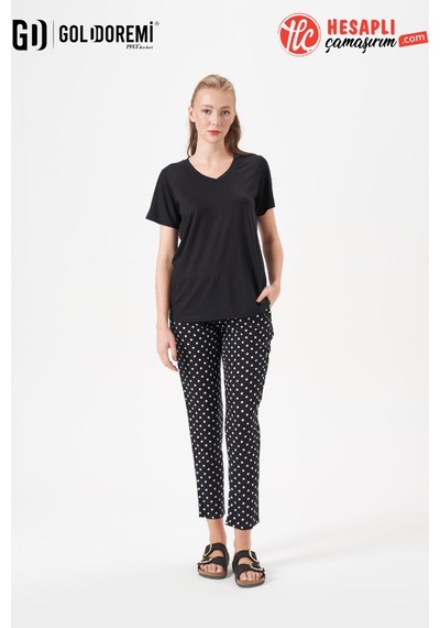 Gd Goldoremi 29149 Premium Kadın V Yaka Rahat Kesim Puantiyeli Kısa Kollu Pijama Takım Siyah