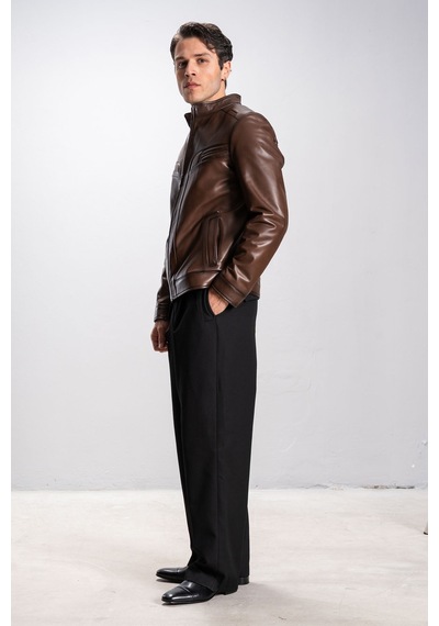 Dericlub Albert Erkek Hakim Yaka Slim Fit Gerçek Deri Mont Camel Antik Camel